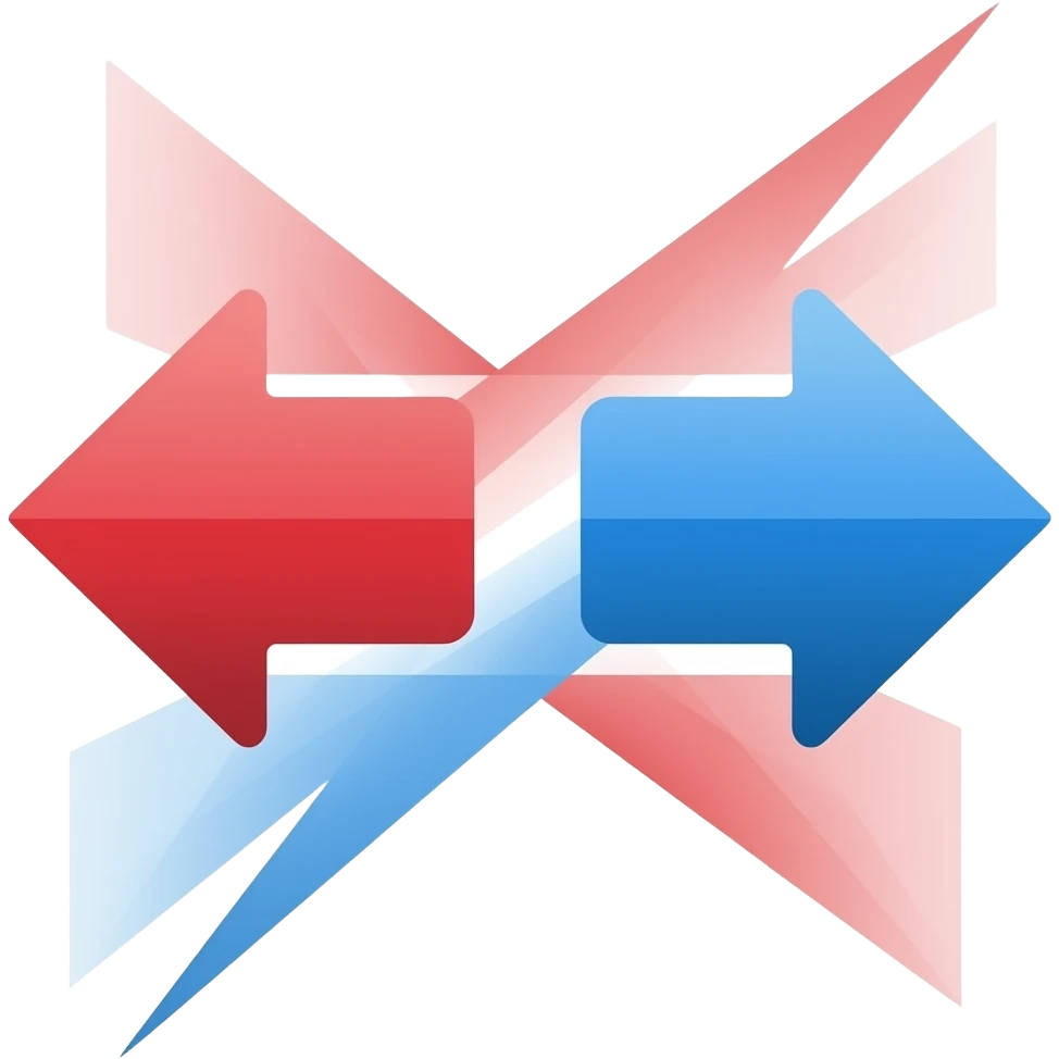 Minimalist flat design icon of two arrows pointing in opposite directions, separated and moving apart, representing political division and radicalization, modern style, soft gradient (red and blue), no text emoji