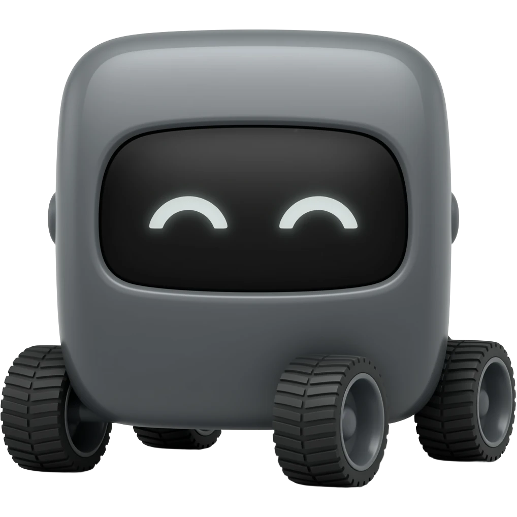 Dark grey solid square with 6 wheels and a display shows a white robot eyes emoji