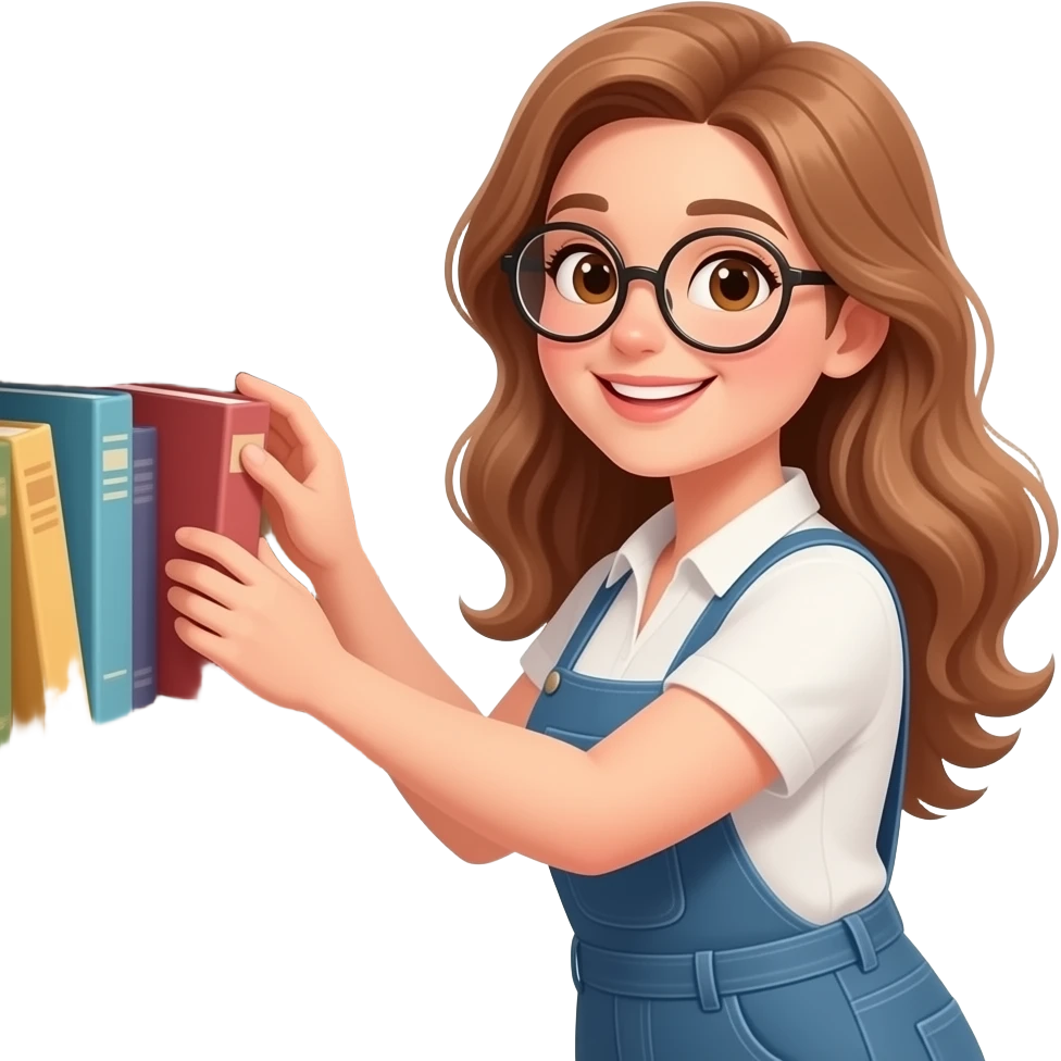 detailed emoji illustration of a curvy woman with long light brown wavy hair, light brown eyes and round glasses organizing books on a bookshelf, happy book lover vibe, cute emoji style emoji