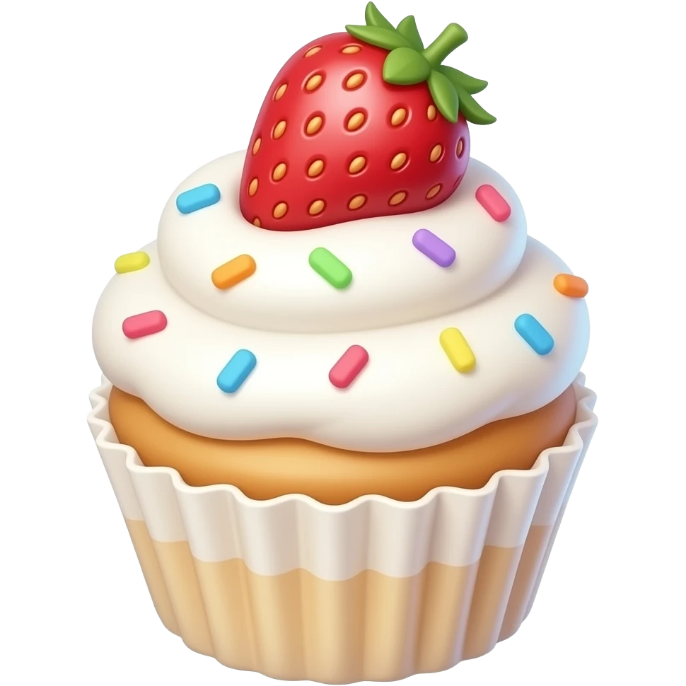A super cute cupcake with fluffy white whipped cream, rainbow sprinkles, and a whole strawberry clearly placed on top of the cream (not embedded, not covered), fully visible strawberry, kawaii style, soft pastel colors, round shapes, smooth texture, emoji design, minimal background emoji