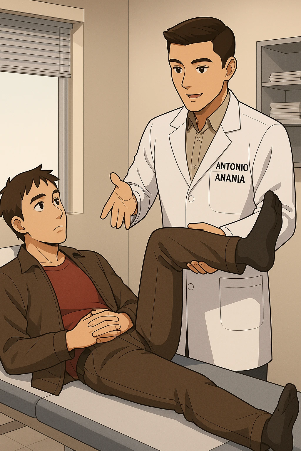 fai un webtoon manga a colori con questo stile, in cui un uomo è steso sul lettino medico e il kinesiologo con il camice bianco (fagli anche la scritta "ANTONIO ANANIA" SUL CAMICE, gli solleva una gamba per fargli il test neuromuscolare, IL KINESIOLOGO SPIEGA ALL'UOMO UNA cosa mentre gli alza la gamba. non fare i fumetti però, fai solo in modo che sembri stiano parlando, il lettino fai in modo che si veda tutto intero emoji