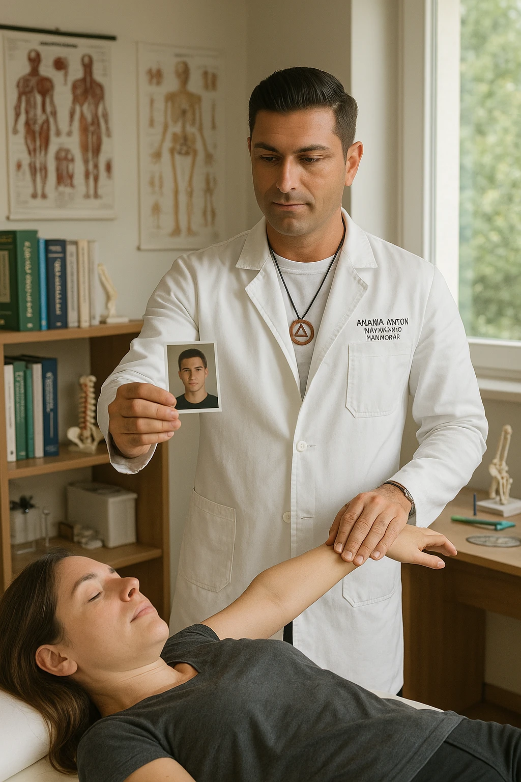 a middle-aged man, dressed in casual professional attire, is in a bright, organized therapy studio. Durante una visita di kinesiologia, il ragazzo tiene con una mano la foto di una persona lontana (il “testimone”) tiene la foto in mano, mentre con l’altra mano esegue un test muscolare su un cliente presente senza foto. Sullo sfondo si vedono libri di kinesiologia, poster anatomici e strumenti tipici della disciplina. L’atmosfera è concentrata e serena, con luce naturale che entra dalla finestra, sottolineando l’aspetto alternativo e umano della pratica. emoji
