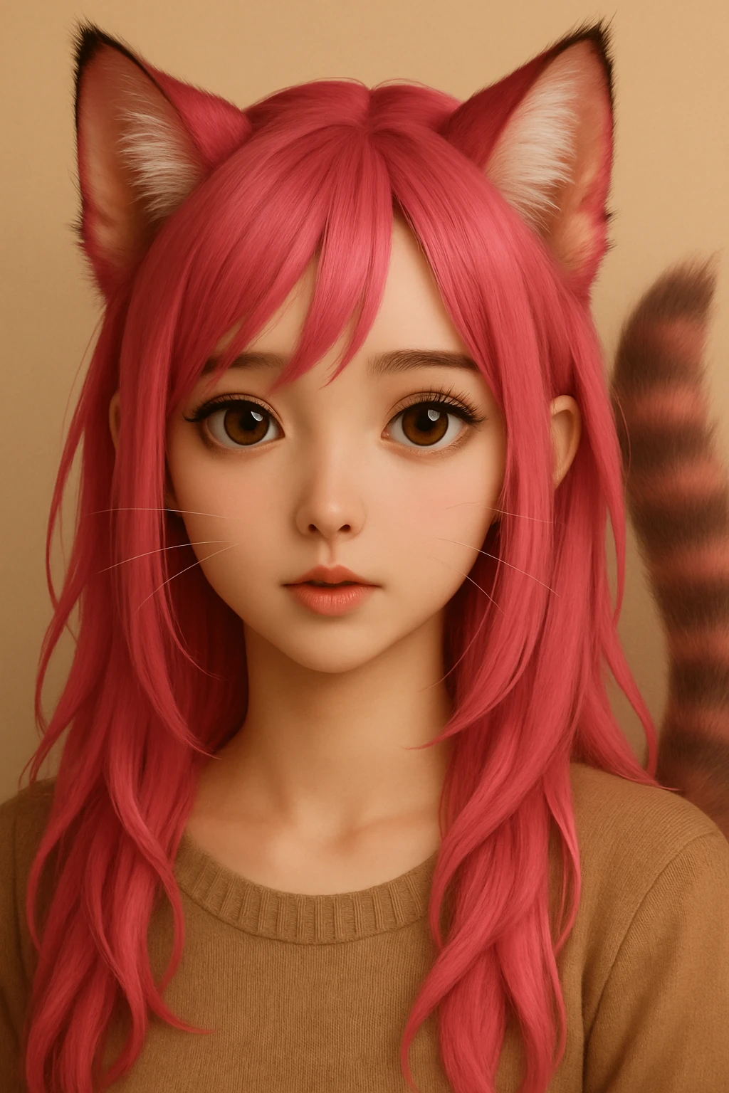 Change the hair color to vibrant pink while keeping the realistic anime catgirl style with enhanced cat-like features, preserving the overall look and feel. emoji