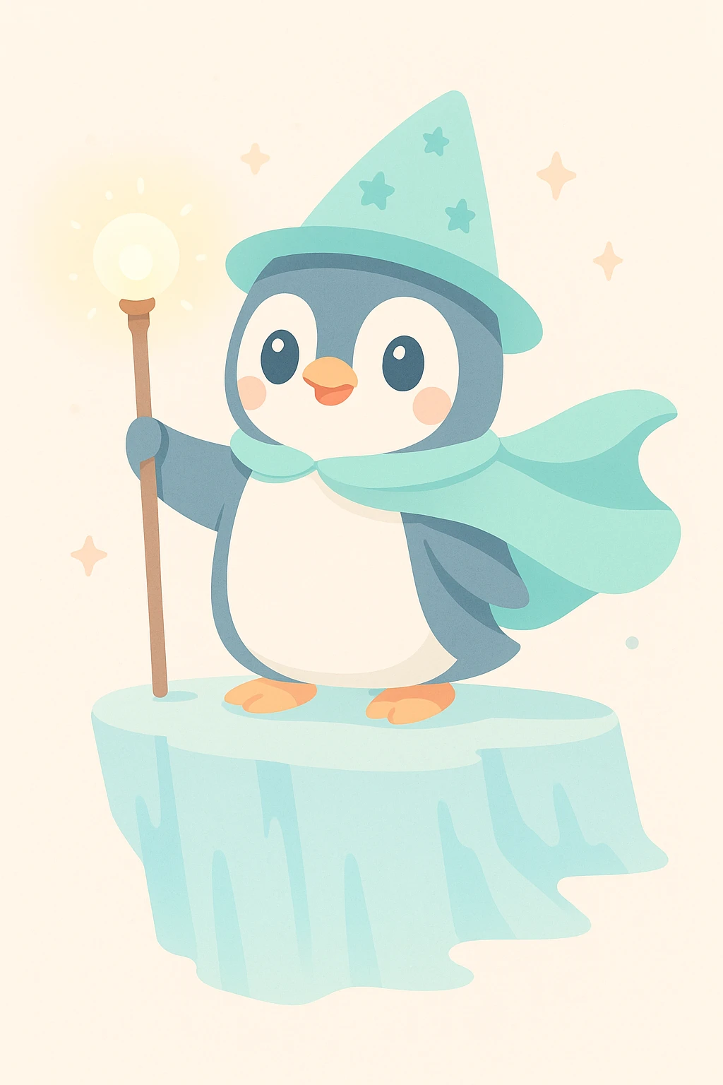 a heroic penguin wizard with a flowing cape, standing on an icy cliff, staff glowing emoji