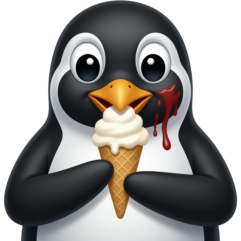 penguin eating sitck ice cream vibrant colors front view with half blody close up emoji