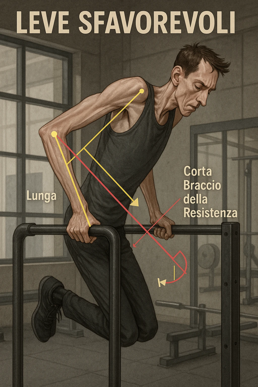 a tall, lean man with very long arms and a short torso attempts a dip on parallel bars. His elbows are deeply bent and his body appears awkwardly positioned, highlighting the mechanical disadvantage. An overlay shows anatomical lines and angles, with labels explaining “Leve Sfavorevoli” The background is a modern gym, with a focus on biomechanics. in italiano emoji