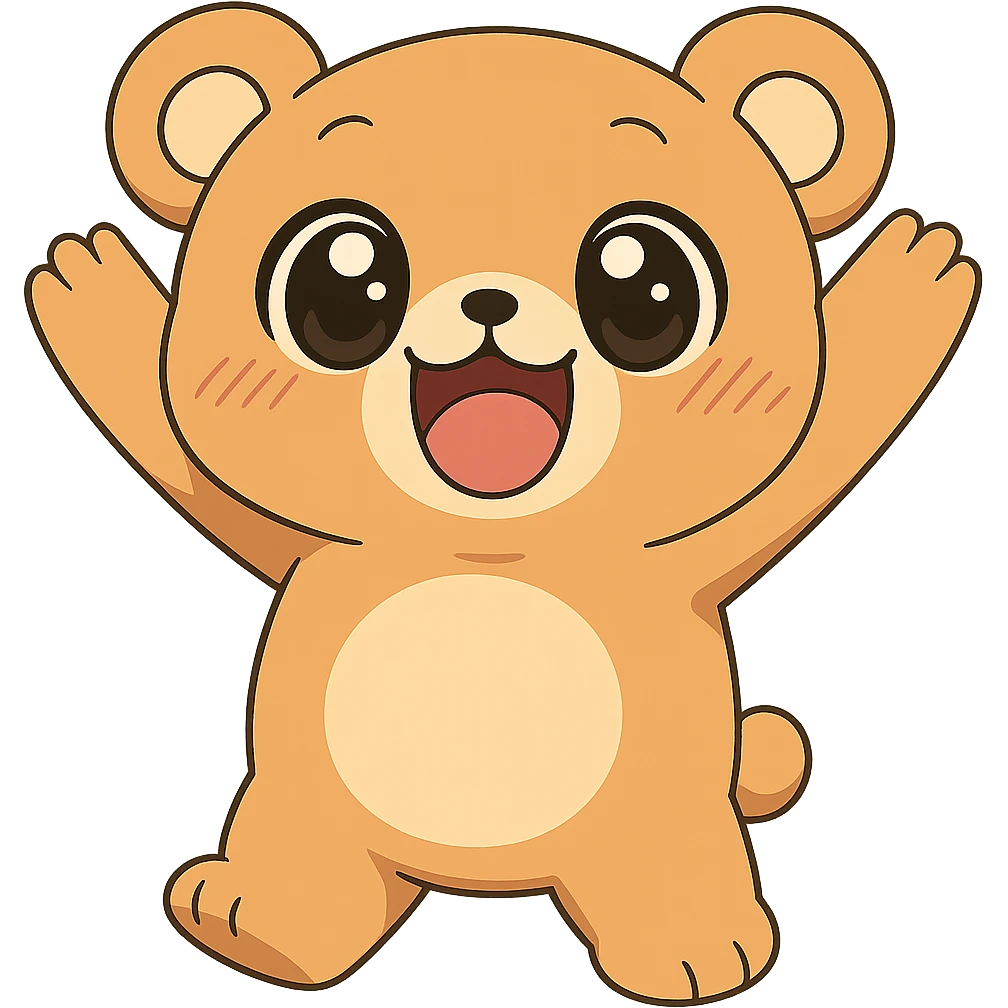 Make the anime style happy bear cuter by giving it bigger eyes and a rounder face. Keep no background. The style should remain anime-like. emoji