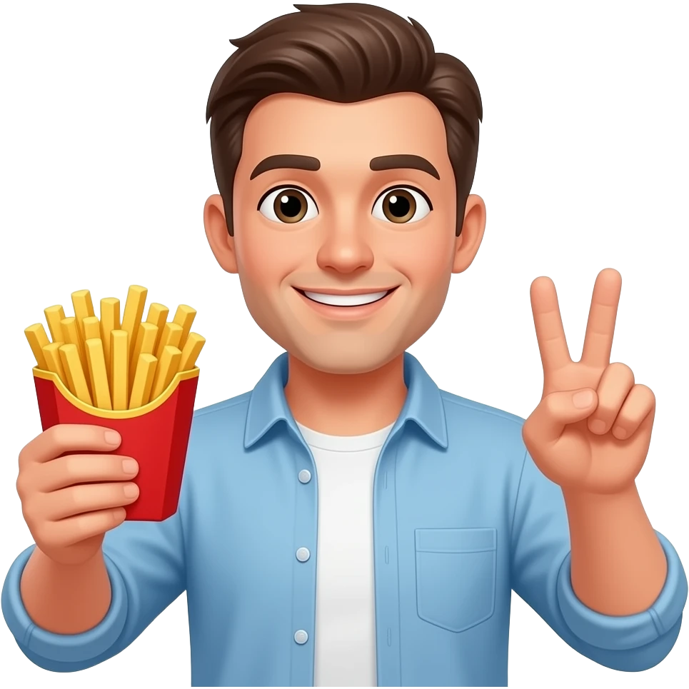 Man holding fries in one hand and peace sign with the the other emoji