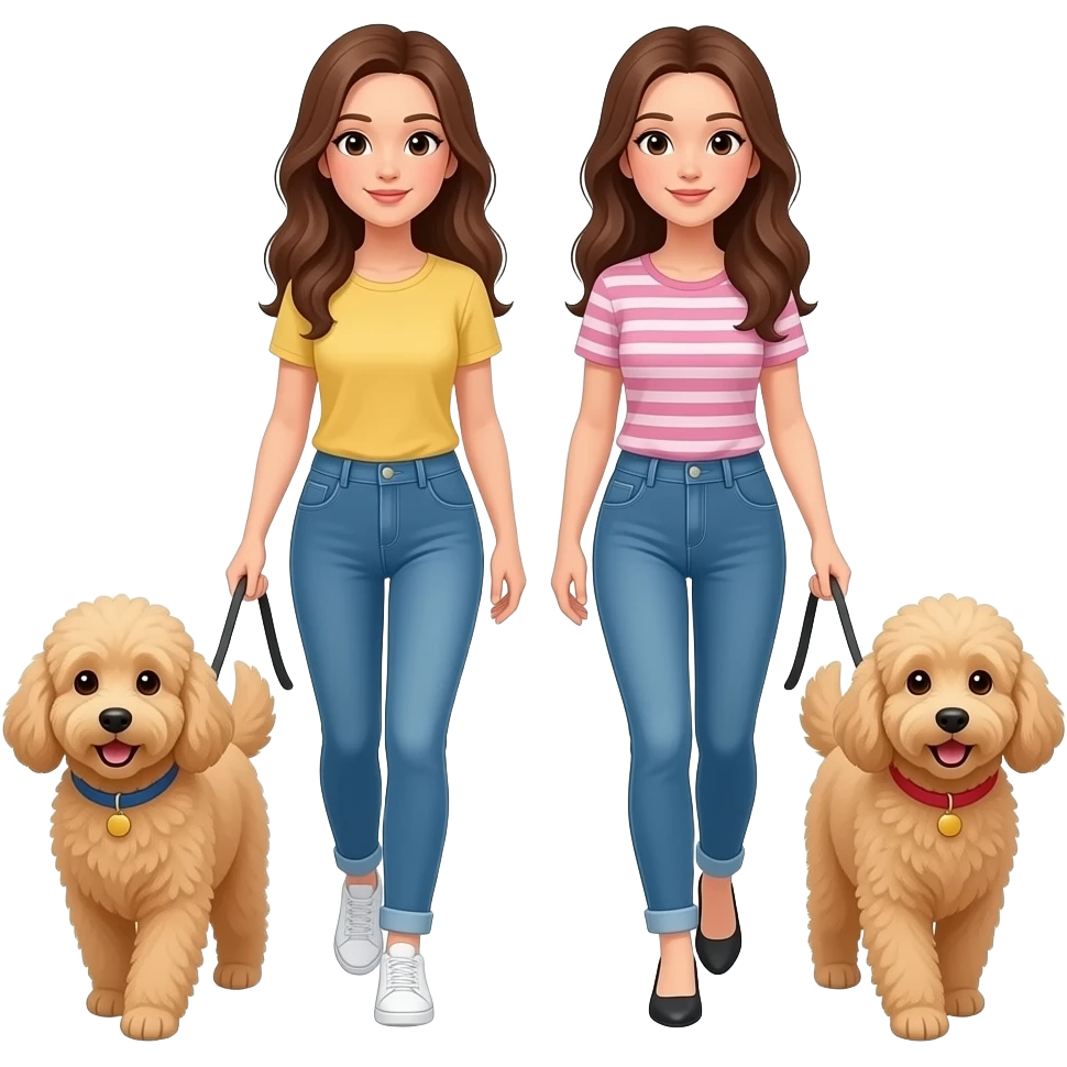 two brown haired women walking two goldendoodles emoji