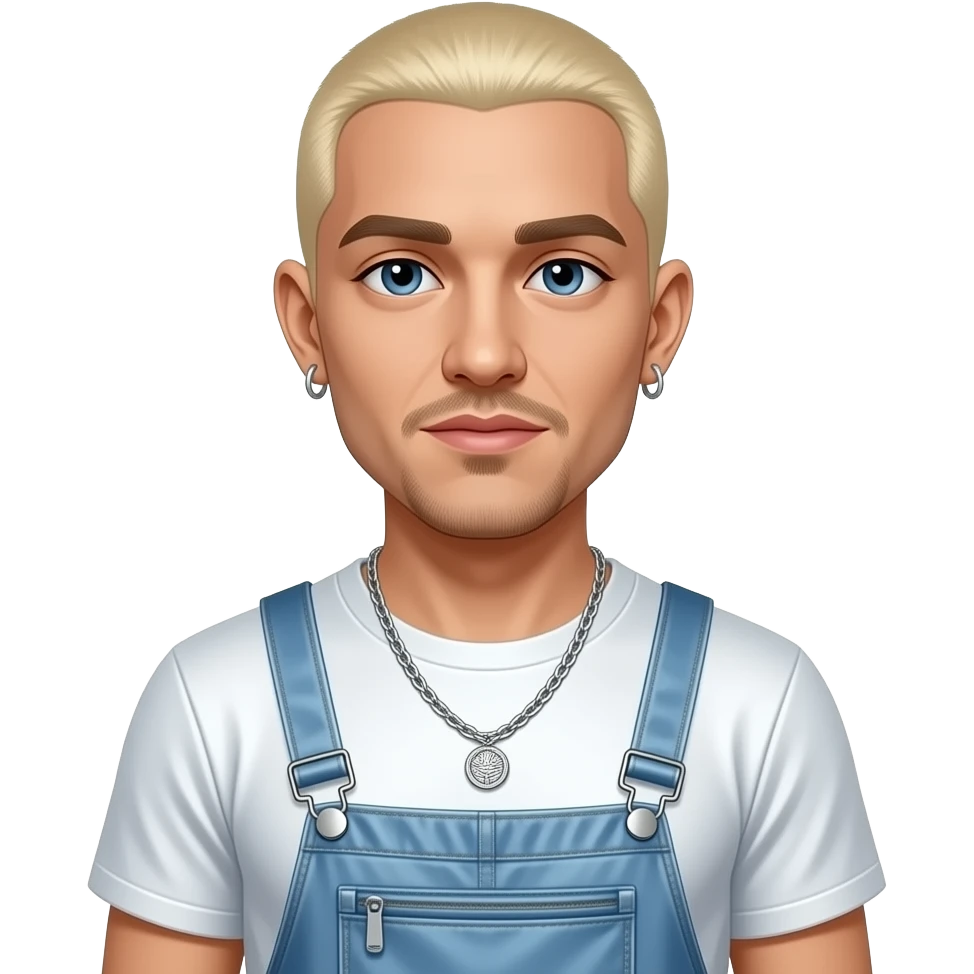 Eminem with blue eyes, blonde short buzz hair, white metallic t-shirt, blue metallic baggy pants, silver necklace and earrings emoji