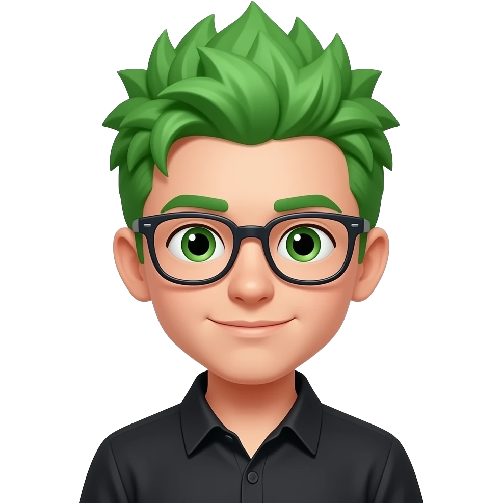 a boy wear black shirt and green spice haris and wear glasses emoji