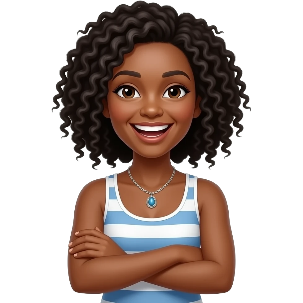 Black woman with hands crossed holding  on their neck and laughing emoji