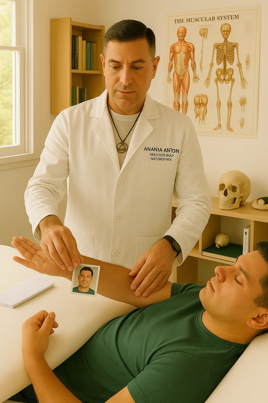 a middle-aged man, dressed in casual professional attire, is in a bright, organized therapy studio. Durante una visita di kinesiologia, il ragazzo tiene con una mano la foto di una persona lontana (il “testimone”) tiene la foto in mano, mentre con l’altra mano esegue un test muscolare su un cliente presente senza foto lui non tiene la foto. Sullo sfondo si vedono libri di kinesiologia, poster anatomici e strumenti tipici della disciplina. L’atmosfera è concentrata e serena, con luce naturale che entra dalla finestra, sottolineando l’aspetto alternativo e umano della pratica. emoji