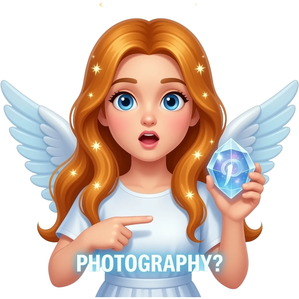 An ethereal blue eyes, glowing amber hair, angel, hand made of starlight holding a crystalline Pinterest logo on the right hand, surprised, pointing at self. A glowing text: 'PHOTOGRAPHY?' on the bellow left hand. Glowing nebula colors, isolated on white, bold 3D icon emoji