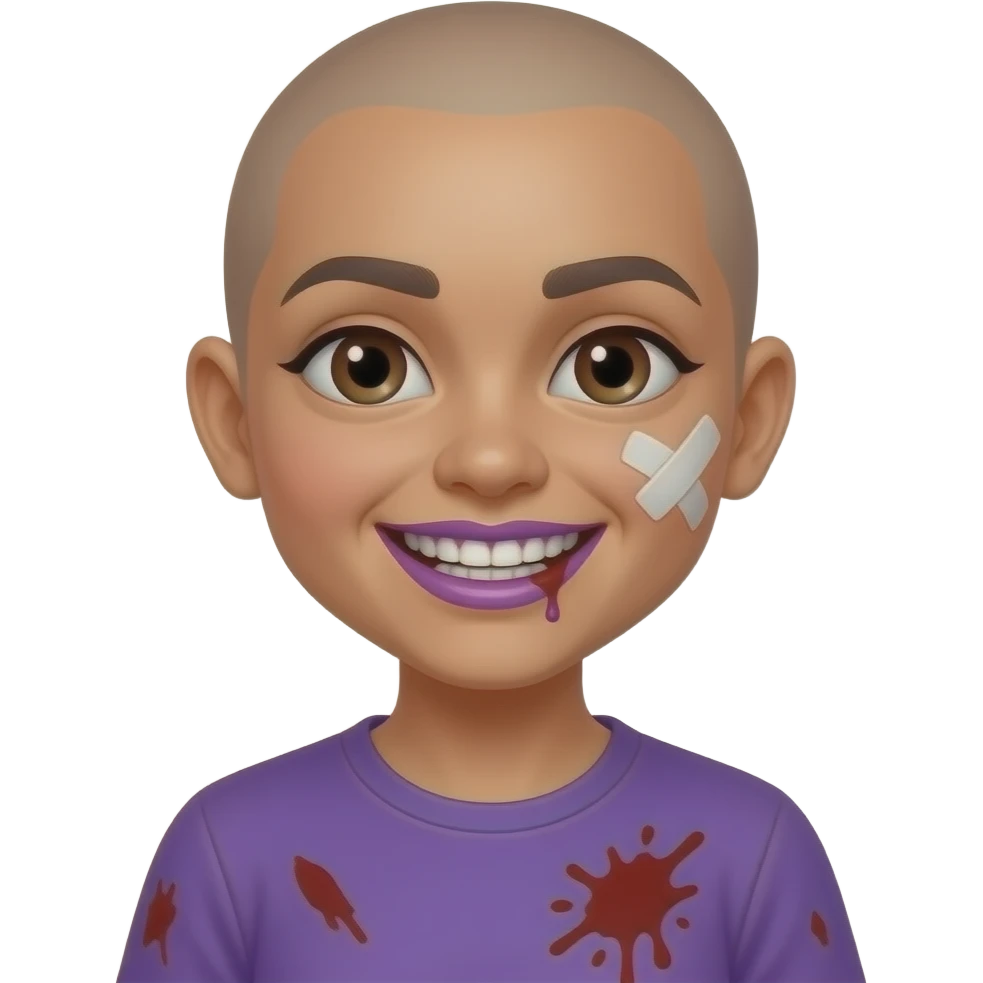 Mexican girl brown eyes whos bald snd and had a wide smile showing both sides of her teeth every single tooth purple shirt  push her hairline back give her purple lip gloss put blood stainds in her shirt  put a bandage oh her cheeck emoji