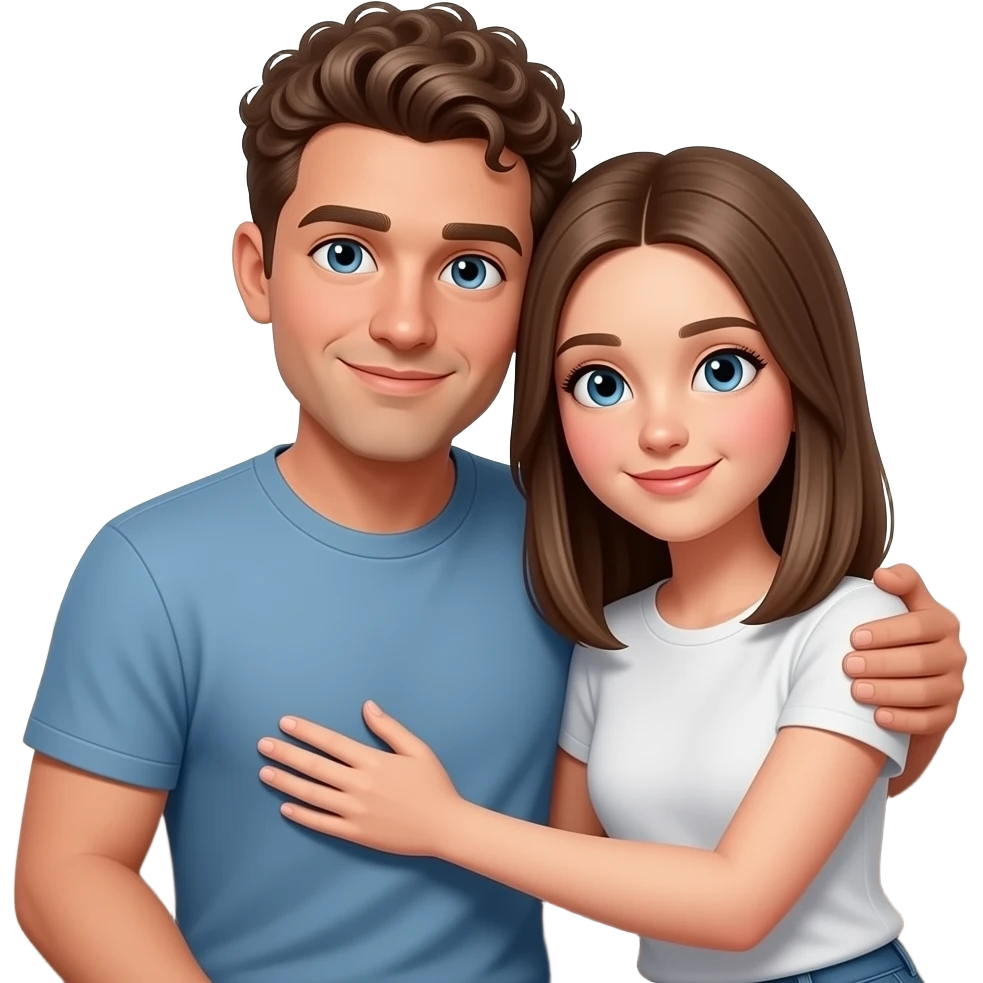 Realistic white man brown super short curly hair cuddling with realistic white girl brown straight hair on couch emoji