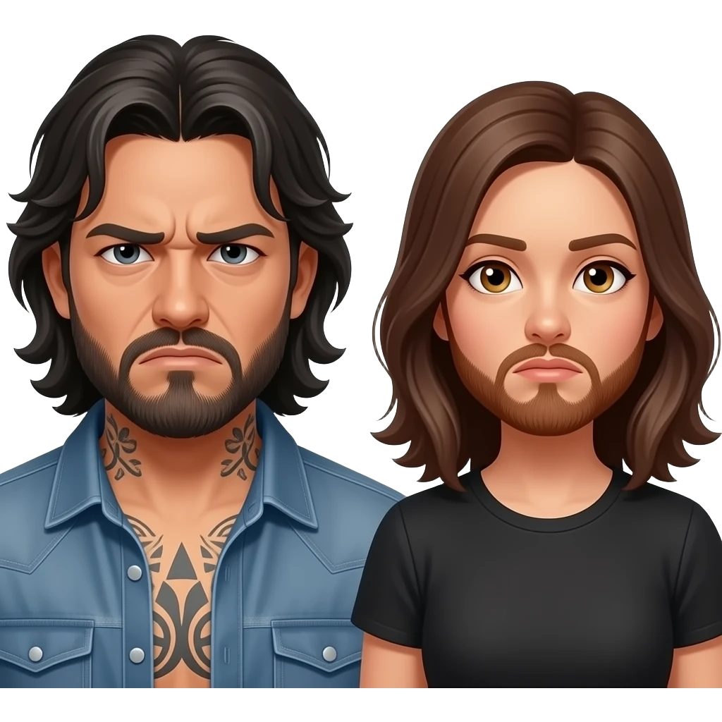 A really sad but angry Latino husband with medium length hair and beard and tattoos found out his wife was cheating on him with a bald, red bearded guy, and his wife is beautiful with hazel eyes and shoulder length brown hair and their relationship is broken emoji