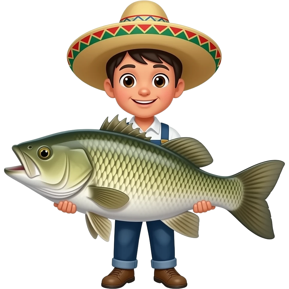 a mexican kid holding a massive bass fish emoji