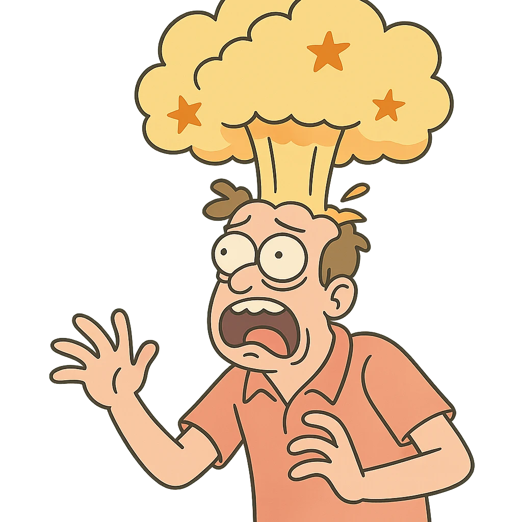 cartoon-style head blowing up, exaggerated and expressive emoji