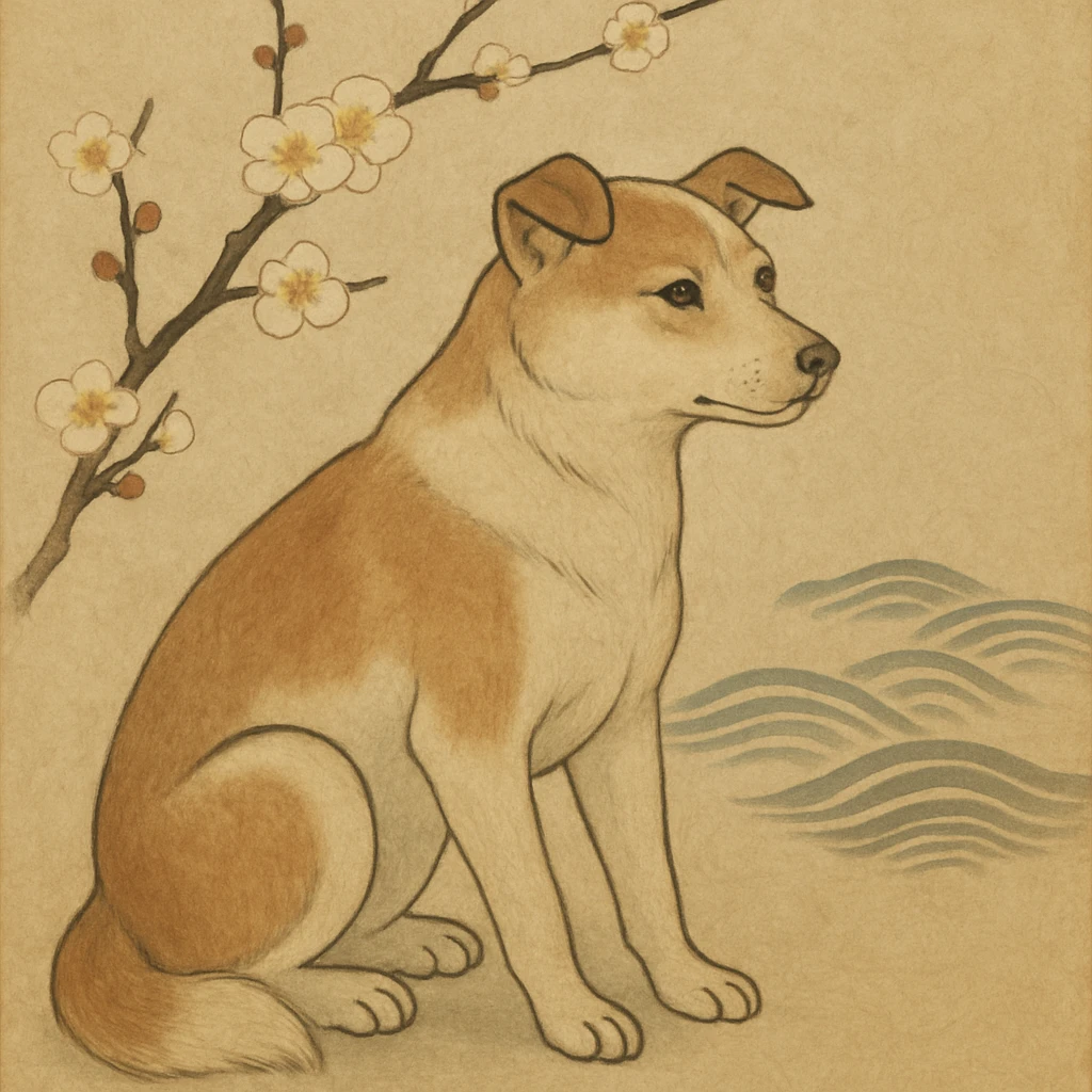 {
  "style_description": {
    "overall_look": "Traditional Japanese painting with a refined and serene aesthetic rooted in classical techniques",
    "material_simulation": {
      "primary_material": "natural pigments on washi or silk",
      "texture_detail": "subtle paper grain, matte finish, soft brushwork",
      "pattern": "occasional use of classical Japanese motifs such as plum blossoms, waves, or cranes"
    },
    "geometry": {
      "edge_style": "fluid and organic linework with gentle outlines",
      "dimensionality": "flat perspective with carefully balanced negative space"
    },
    "color_palette": {
      "scheme": "earthy and muted tones with occasional gold or mineral highlights",
      "preferred_colors": ["indigo", "sumi black", "reddish brown", "soft greens", "off-white"],
      "contrast": "low contrast, harmonious tones"
    },
    "lighting": {
      "type": "diffused, implied through tone rather than shading",
      "purpose": "maintain the contemplative and meditative quality of the piece"
    },
    "render_constraints": {
      "avoid": ["realistic lighting", "high saturation", "modern cartoon outlines", "digital gradients"],
      "focus_on": ["natural harmony", "elegance", "quiet emotional expression"]
    },
    "background": {
      "color": "neutral or light washi-inspired background",
      "style": "plain or softly patterned with traditional elements",
      "lighting_consistency": "flat and even, no cast shadows or dramatic highlights"
    }
  }
}

{subject} = dog emoji
