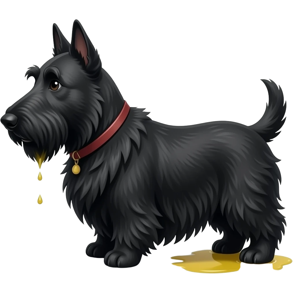 Black Scottie dog in profile with small puddle of yellow urine on the floor under his hind paws, white background emoji
