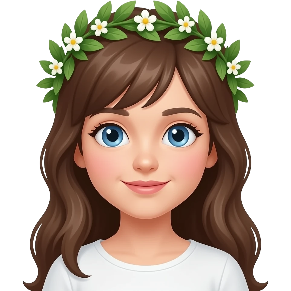 Ragazza occhi azzurri capelli castani lunghi  corona alloro con fiori piccoli bianchi solo in testa emoji