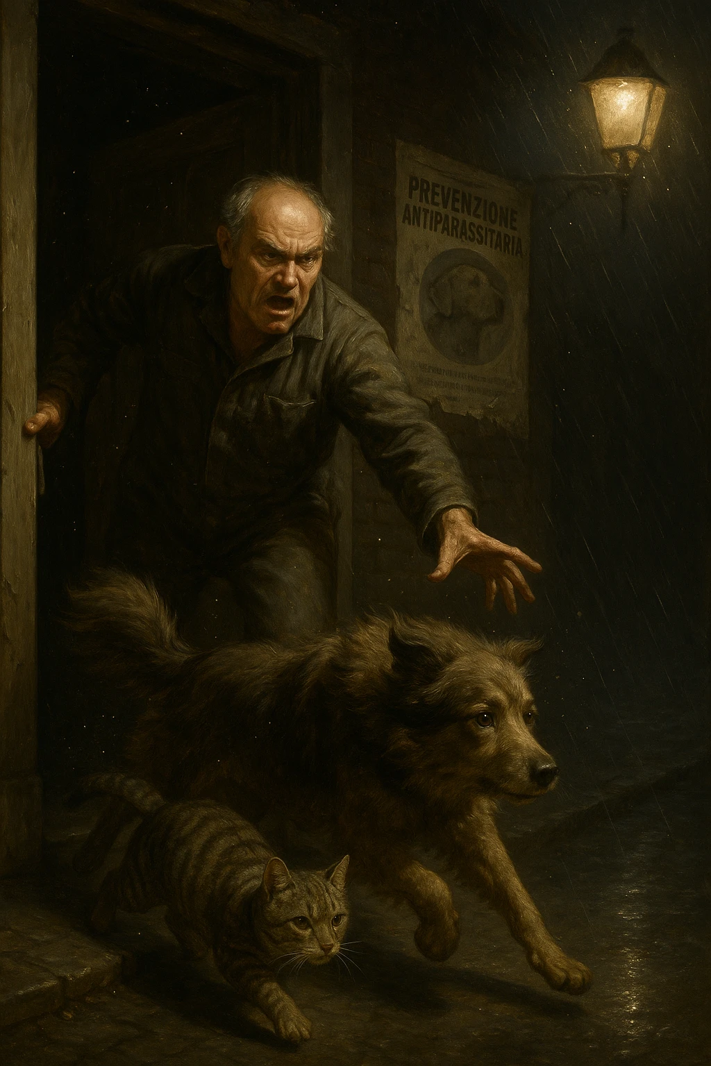 Un uomo anziano in tuta da lavoro, con espressione arrabbiata, butta fuori i suoi animali con aperta la porta di casa mentre il suo cane (un meticcio a pelo lungo) e il gatto (soriano) scappano nella strada buia sotto la pioggia. Particelle di polvere/pulci fluttuano nell'aria illuminata dal lampione. Sullo sfondo, un poster strappato del veterinario con scritto 'Prevenzione antiparassitaria'. Stile fotorealistico, illuminazione Caravaggesca, toni grigi e ocra. in italiano emoji