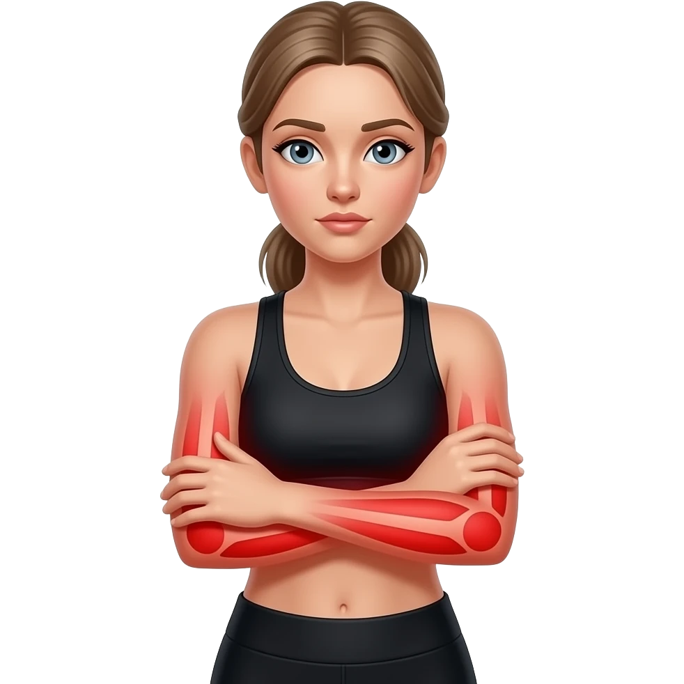 all arm pain, red glow on all arms, woman holding one arm, fair-skinned woman, gray-blue eyes, ash brown brows, ash light brown hair tied back, slim athletic body, black workout set, white background emoji