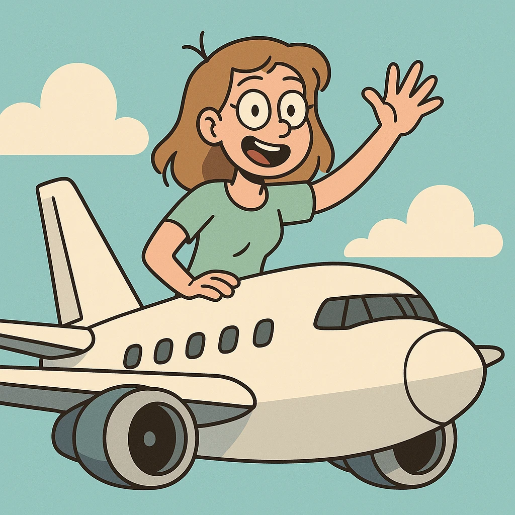 a girl waving from the top of an airplane, cheerful expression, simple and bold design emoji