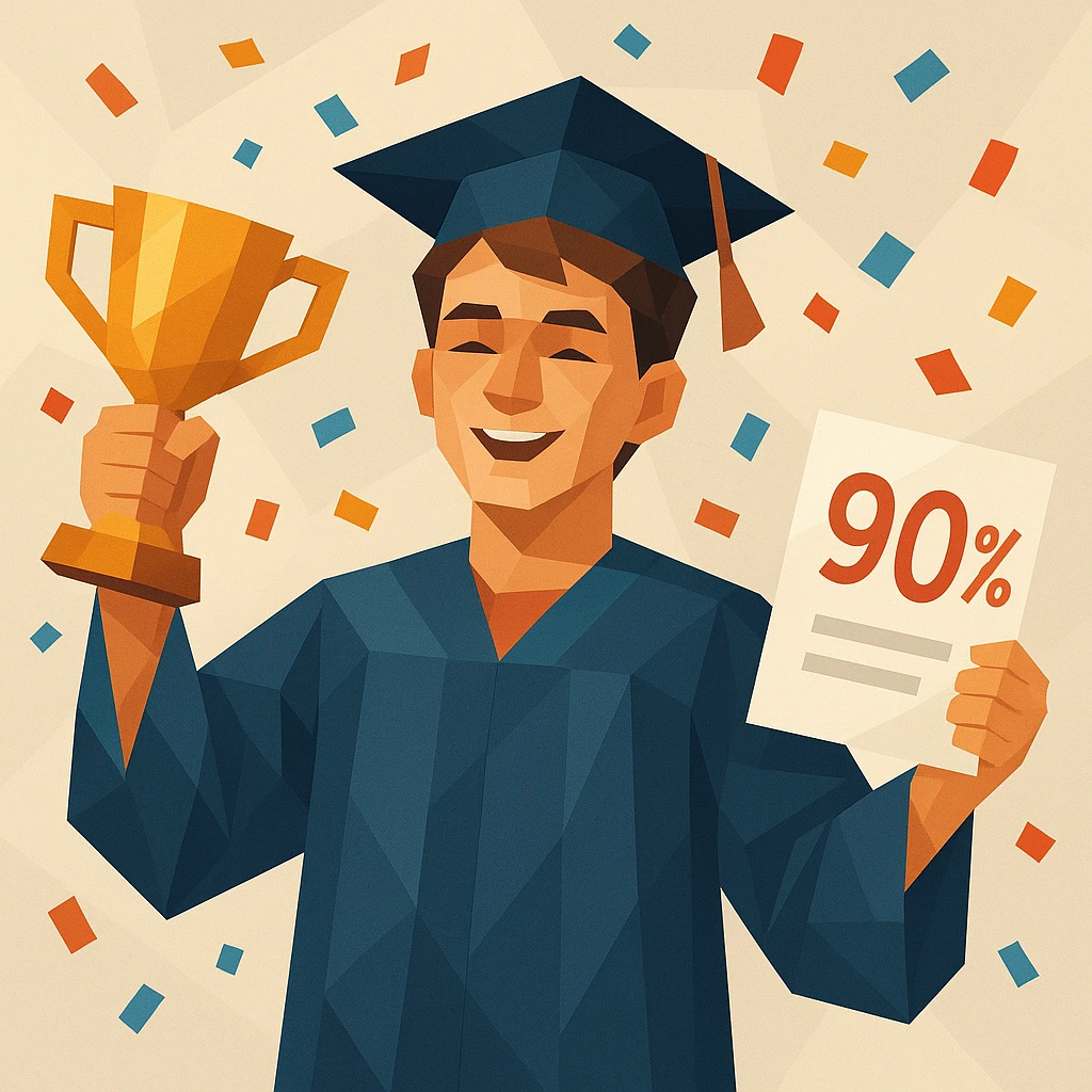a proud student with a trophy and a paper showing 90%, confetti in the air, modern illustration style emoji
