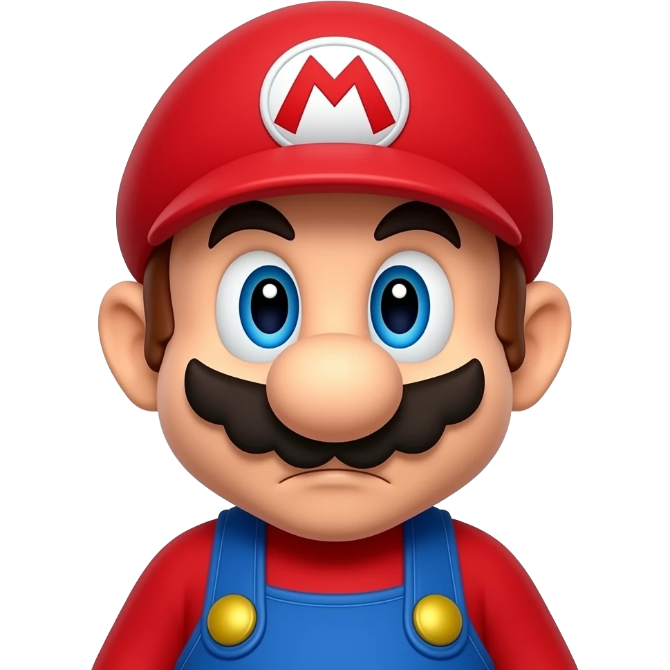 Super Mario facing diagonally downward, tired and disappointed expression, soft cinematic lighting, premium emoji style emoji