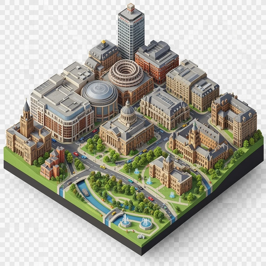 Isometric illustration-model of Birmingham with photorealistic main attractions, balanced between stylized and realistic, 3D miniature effect, transparent background. emoji