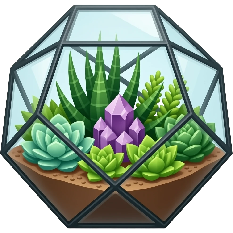 succulent geometrical terrarium with amethyst cluster inside emoji