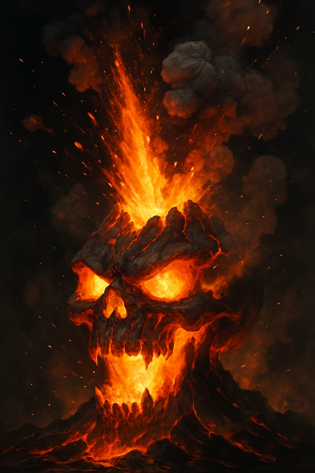 skull head as a volcano, magma and ash shooting upwards, energetic and fierce, explosive volcanic activity, fiery magma blast emoji