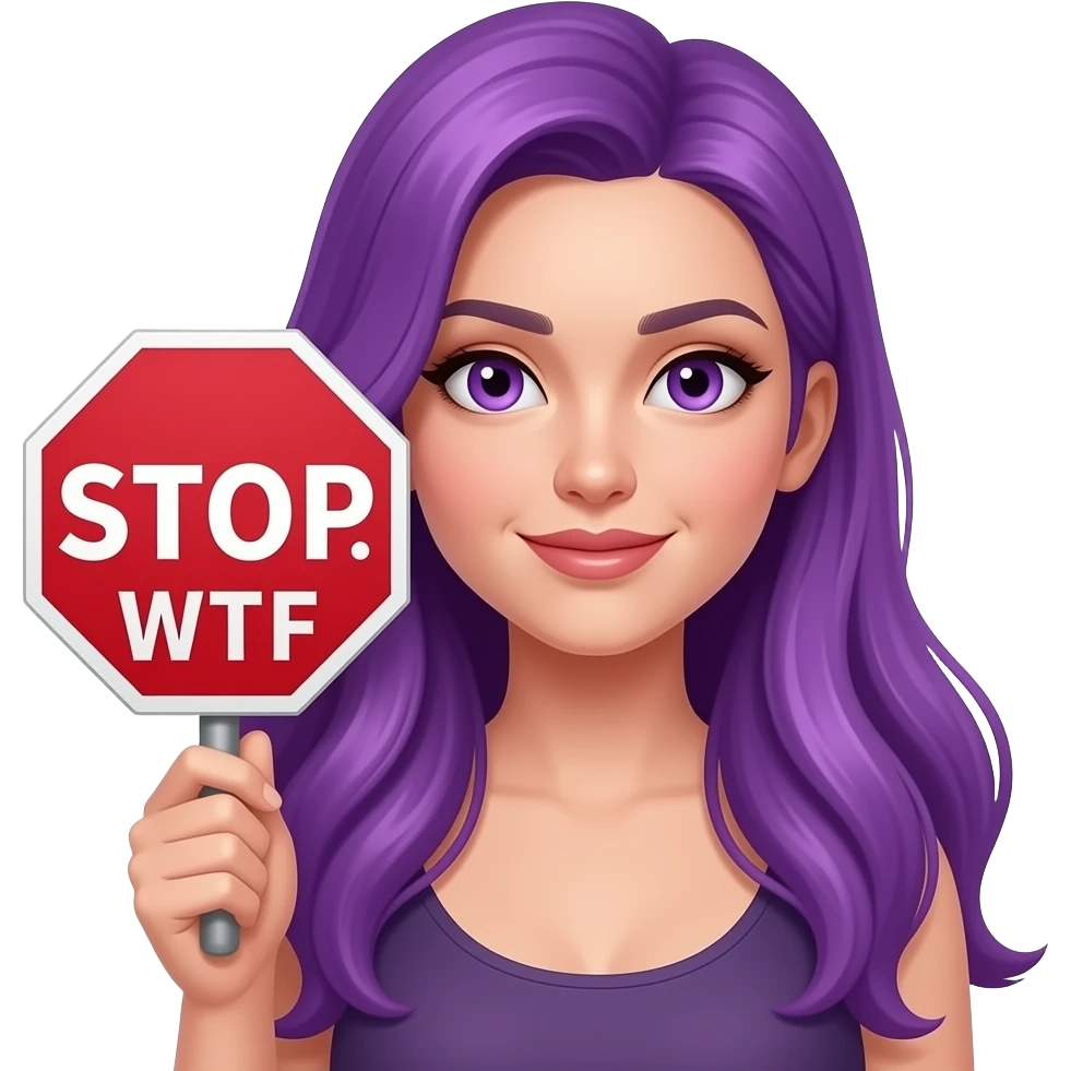 sexy girl with long purple hair and purple eyes holding a STOP... WTF sign emoji