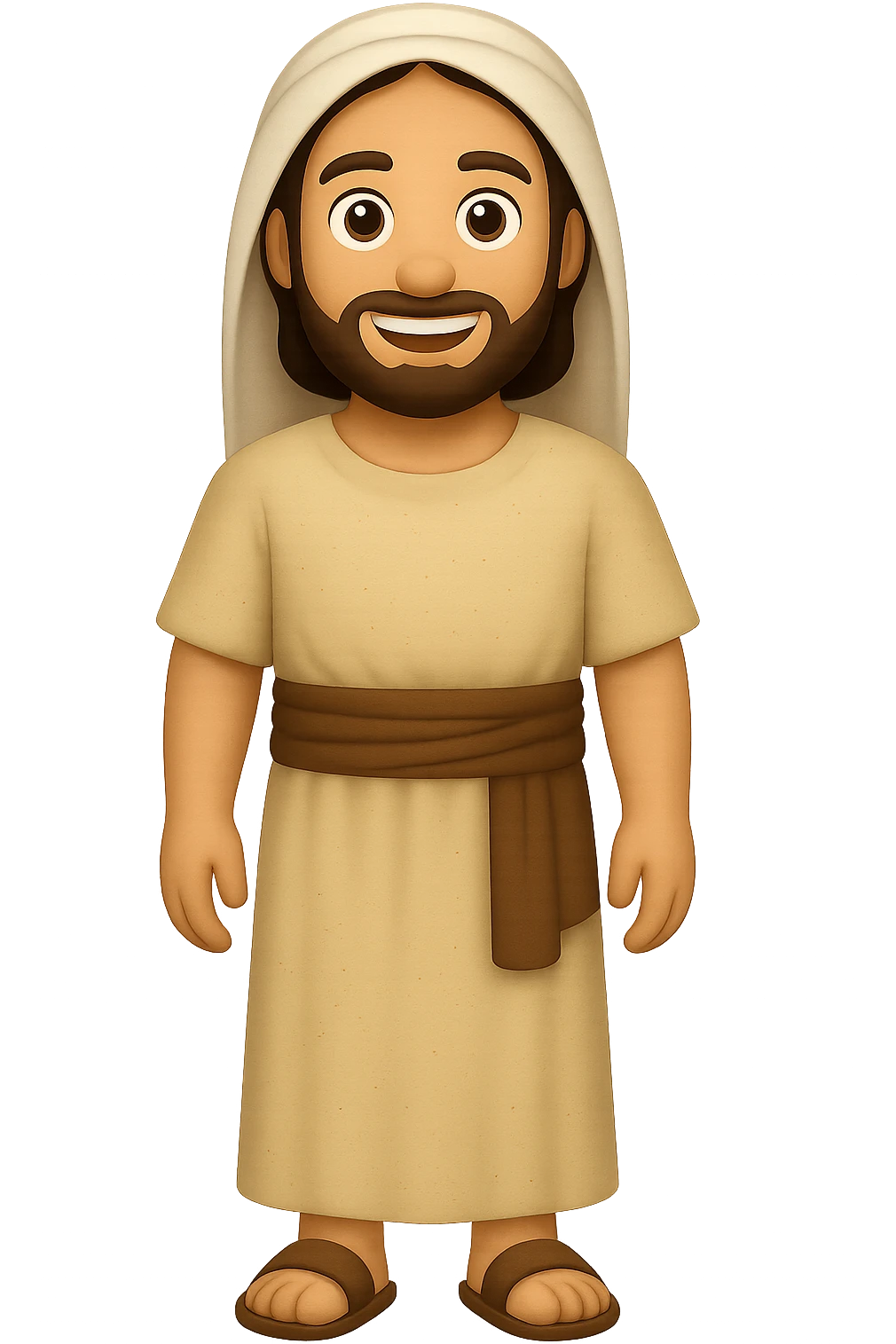 Create a centered full body image of Apostle Peter in classic emoji style. He is facing straight, smiling with a full beard, wearing a robe with a brown sash and head covering as in the reference image, but with long sleeves. No background. emoji