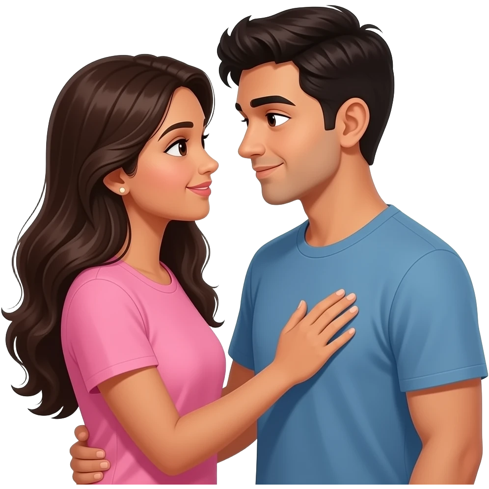 long haired Indian lady in pink T-shirt holding her hand on boyfriend heart looking at each other lovingly emoji