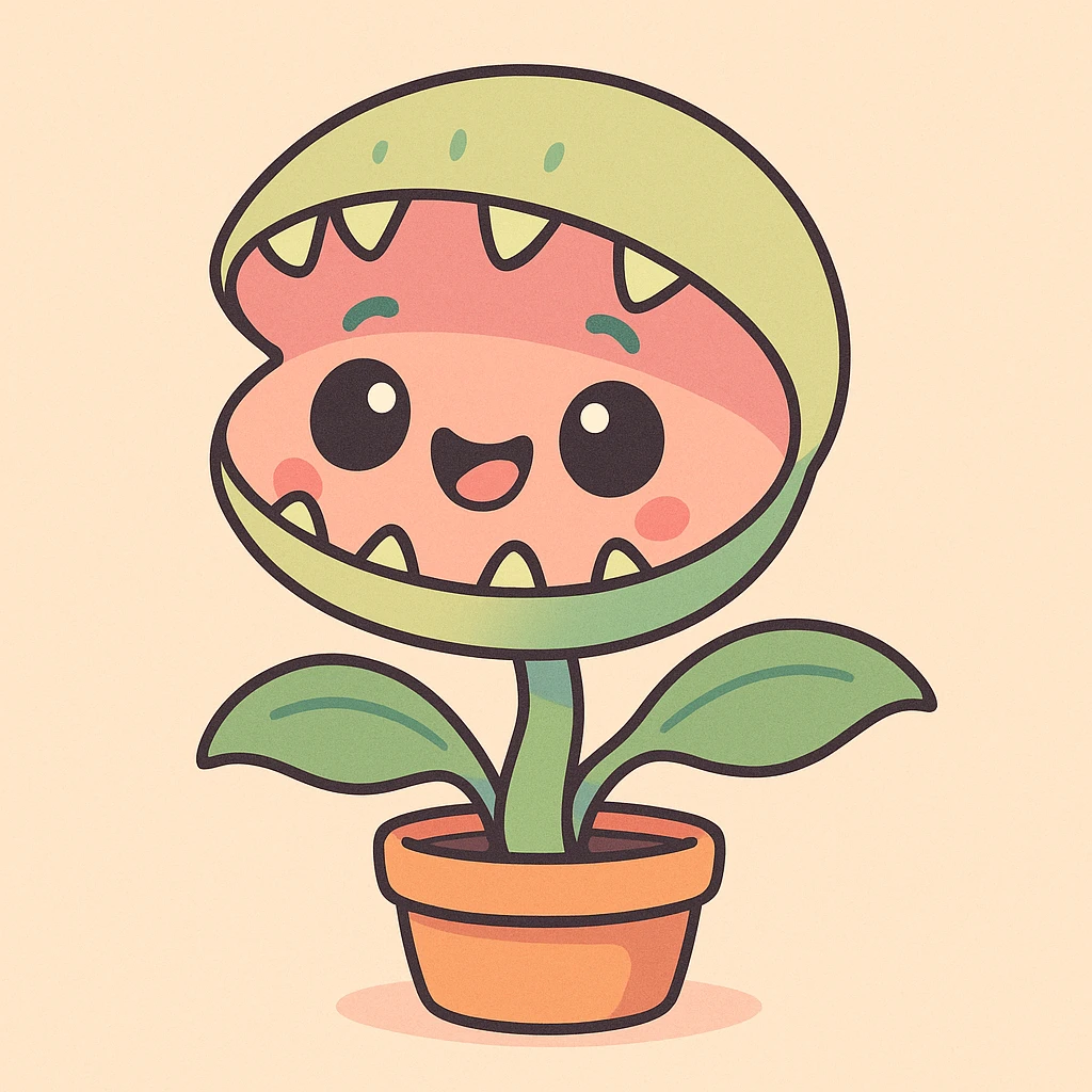 cute kawaii venus flytrap, big eyes, smiling, pastel colors, chibi style emoji
