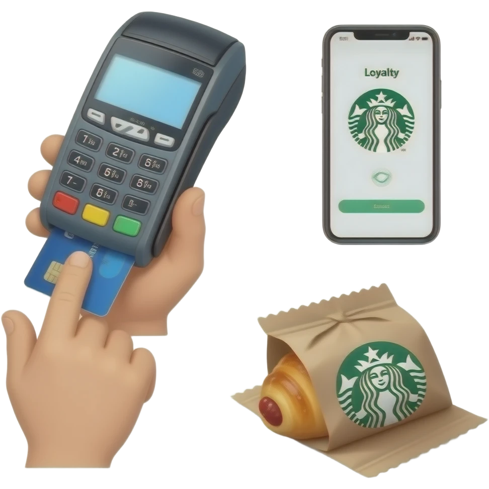 Please show hands of customer left hand they should be paying with their card on POS SYSTEM , have their phone on the table with the starbucks loyalty point and the cahsier should be handing them a pastry in a starbucks packaging emoji