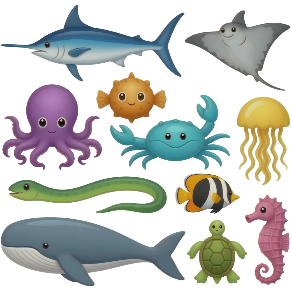Ocean animals: swordfish is blue, stingray is gray, blowfish is orange, octopus is purple, crab is turquoise, eel is green, jellyfish is yellow, angelfish is orange and black, whale is gray, sea turtle is green, and seahorse is pink emoji