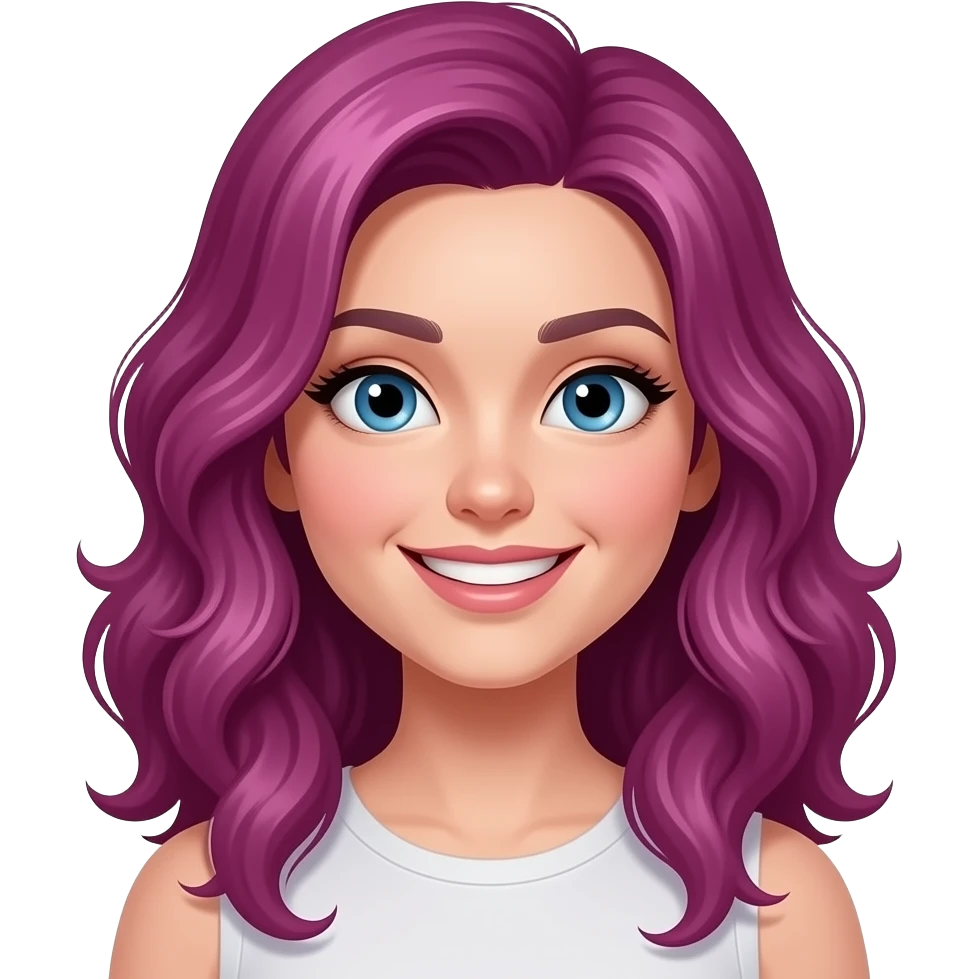 mujer coqueta de cabello magenta ondulado y sonriendo coqueta emoji