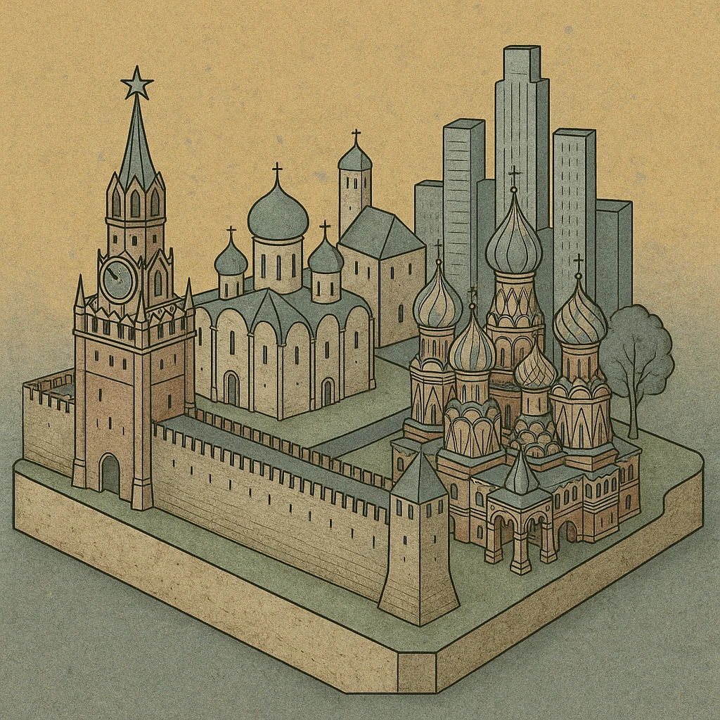 Изометричная миниатюрная 3D модель Москвы - фотореалистичный Кремль, собор Василия Блаженного, Сити, аккуратная детализация, яркие цвета мультяшный реализм, компактная композиция,  вид сверху в изометрии emoji
