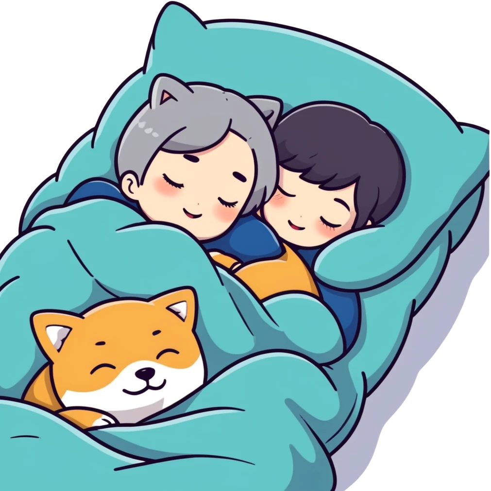 Create a short hair gray hair girl sleeping cuddling with a ton of shiba emoji