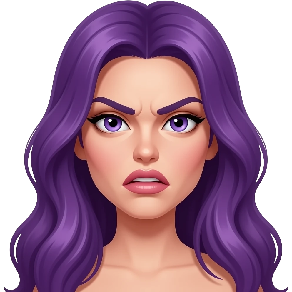 sexy girl with long purple hair makes grimaces with her mouth emoji
