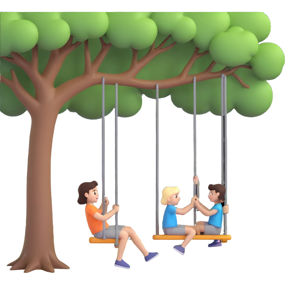 A person pushing a swing with a child sitting on it, outdoors, under a tree, in daylight. The swing is moving back and forth. Focus on the motion of swinging and the person gently pushing it emoji