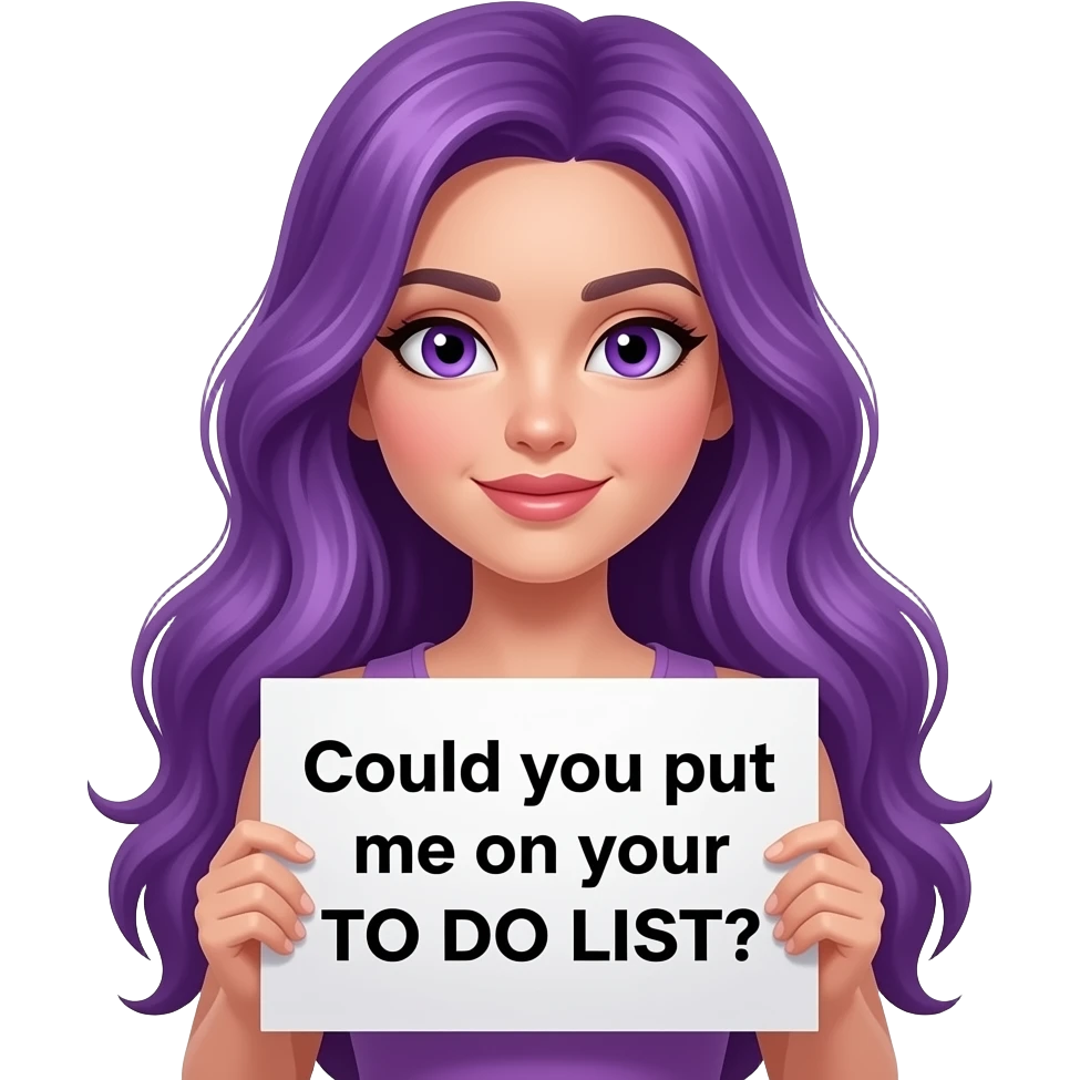 sexy girl with long purple hair and purple eyes holding a Could you put me on your TO DO LIST? sign emoji