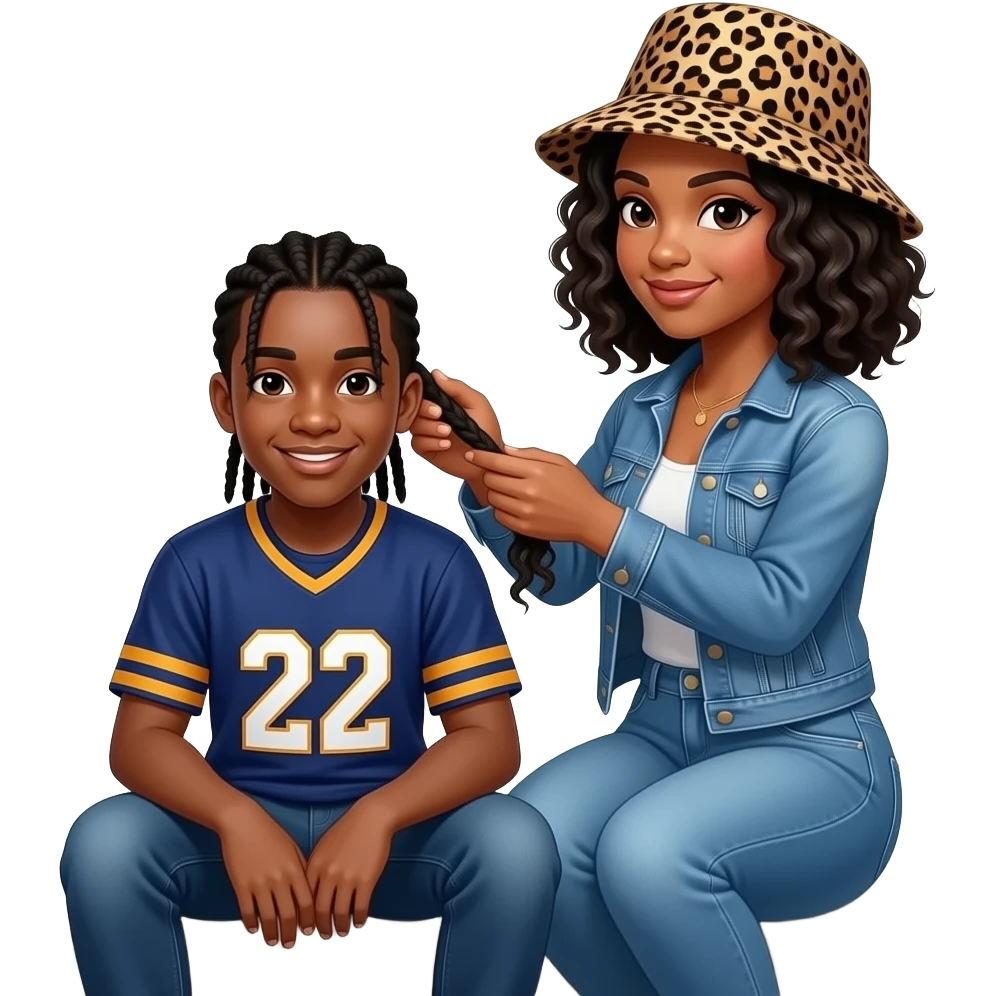 African American teenage boy with braids  sitting on house porch steps wearing a jersey shirt with the number 22 on it, getting his hair he has braided by a African American woman with shoulder length curly black hair wearing a leopard print bucket hat wearing denim jeans and a denim jacket emoji