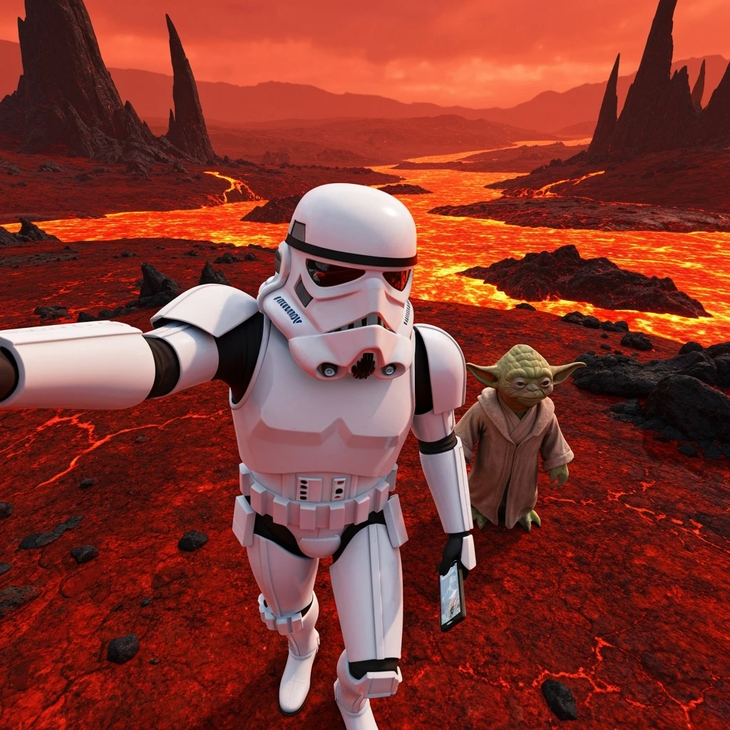 Camera POV, Starwars stormtroopers vlogging selfie, he is walking on lava planet with yoda emoji
