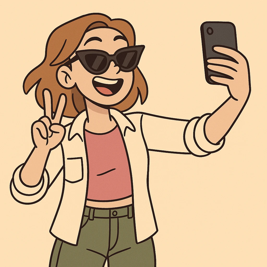 influencer girl, trendy outfit, sunglasses, taking a selfie, social media vibe, flat illustration style emoji