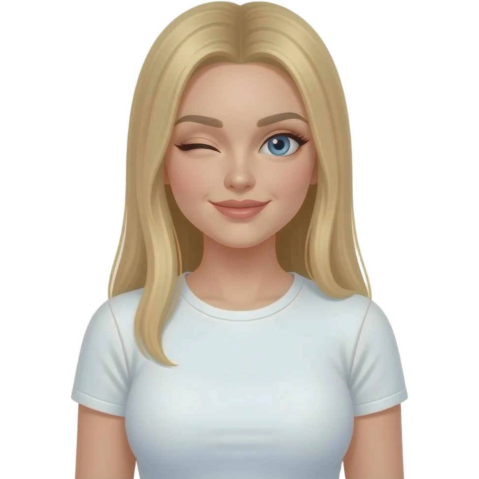 ragazza russa bionda occhi azzurri capelli lisci lunghi, seno prosperoso occhiolino maglietta bianca emoji